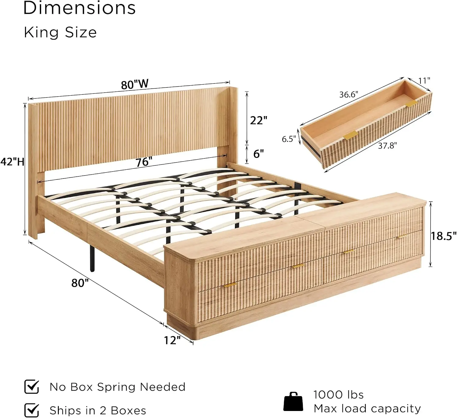 Fluted King Size Bed Frame wit - King Size Bed Frame With Storage Drawers 评论和价格