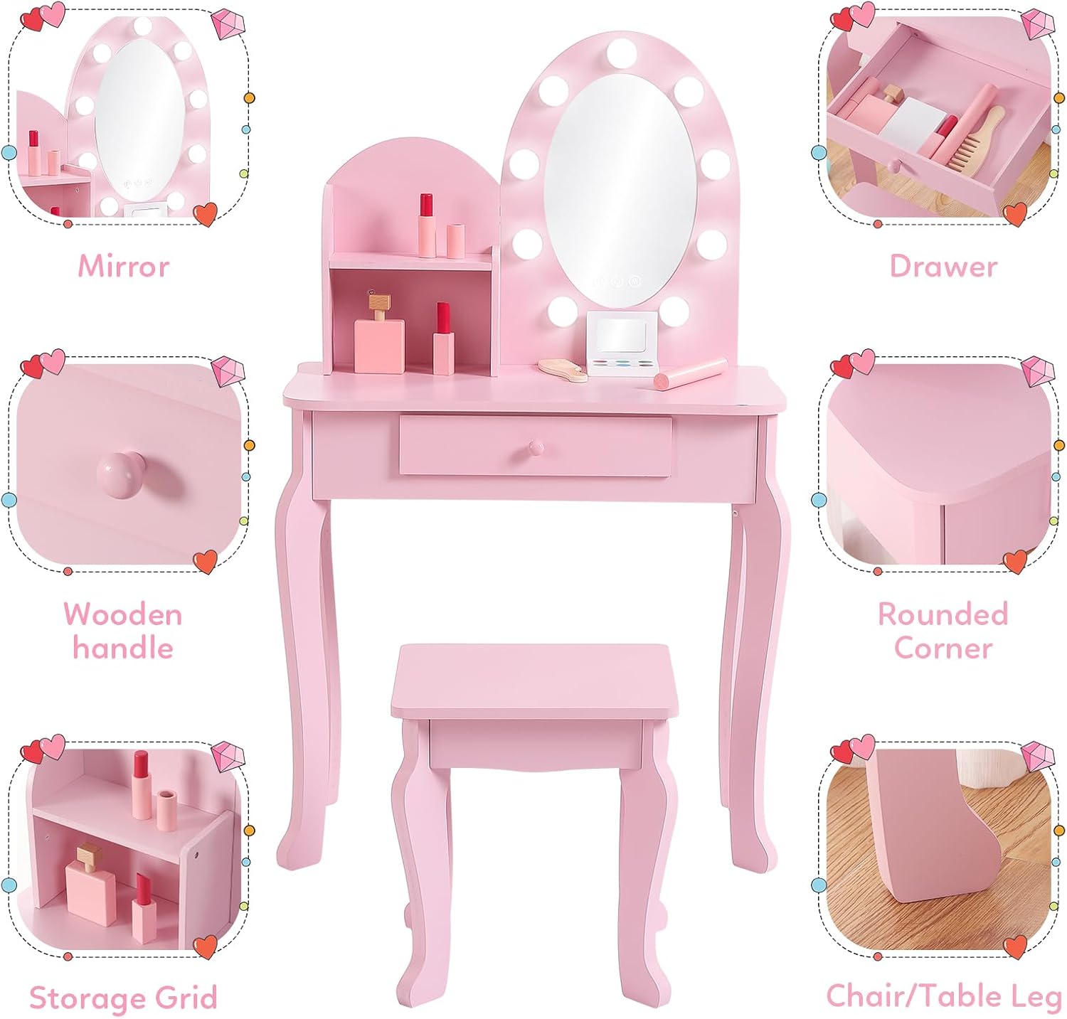 Princess Style Kids Vanity Set - Dressing Table Vanity With Lighted Mirror 评论和价格