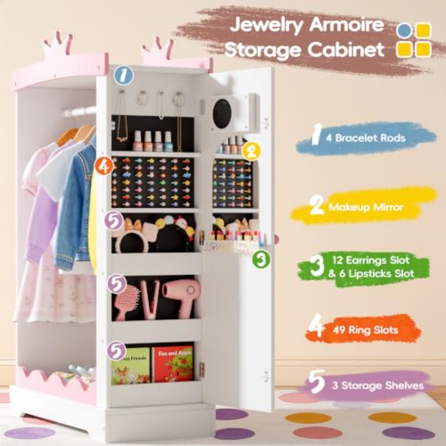 Dress Up Wardrobe with Light-U - Full Length Mirror Jewelry Armoire 评论和价格