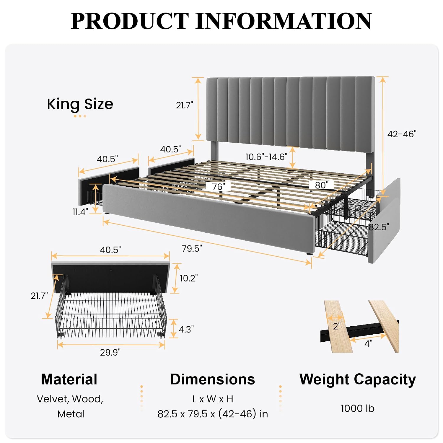 King Size Platform Bed Frame w - King Size Bed Frame With Storage Drawers 评论和价格