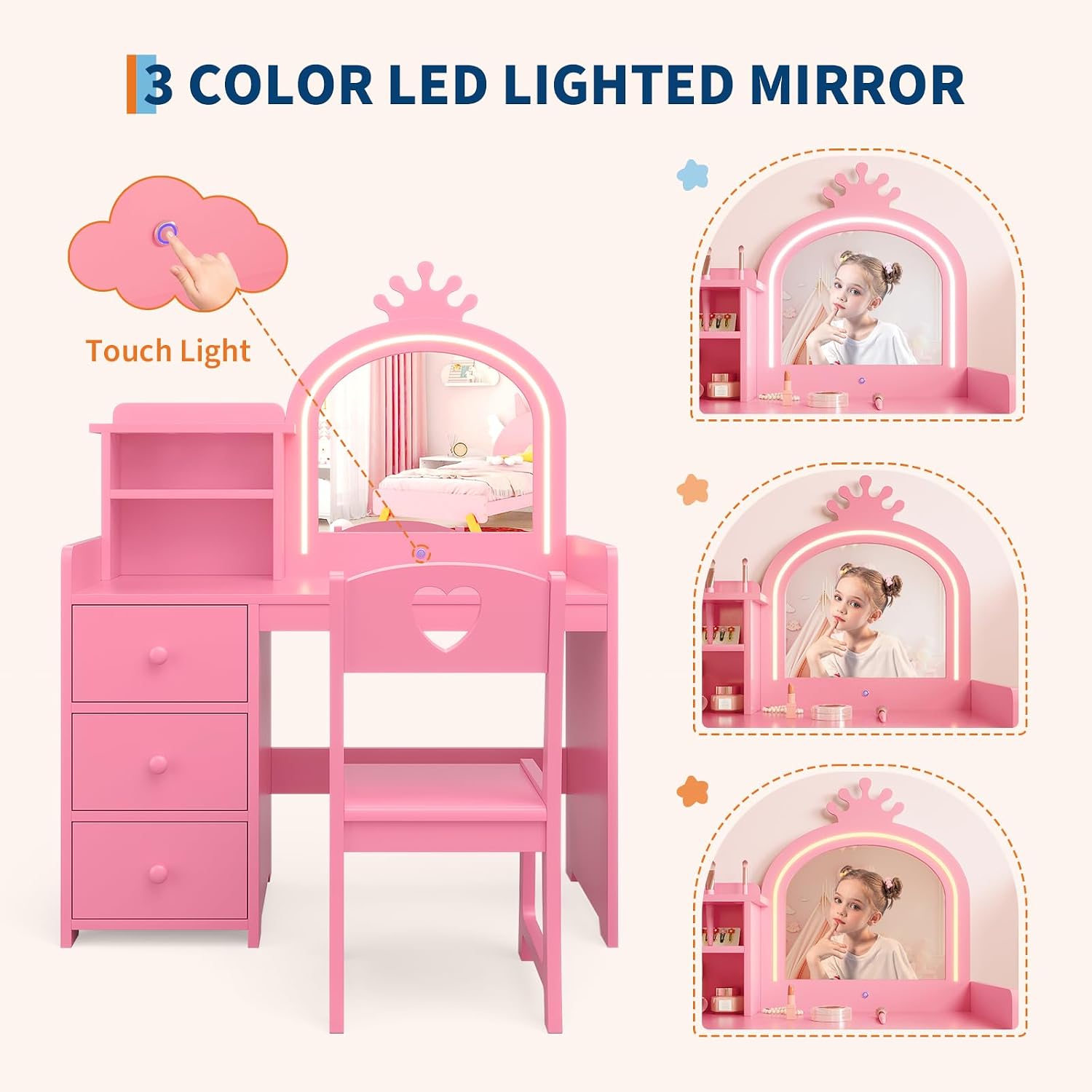 Kids Vanity Desk with Lighted  - Dressing Table Vanity With Lighted Mirror 评论和价格