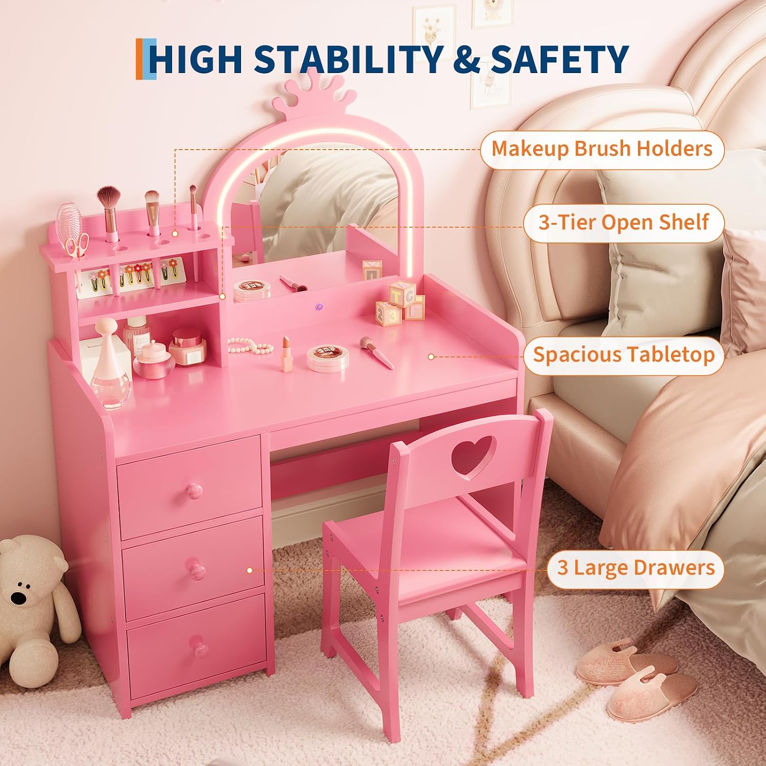 Kids Vanity Desk with Lighted  - Dressing Table Vanity With Lighted Mirror 评论和价格