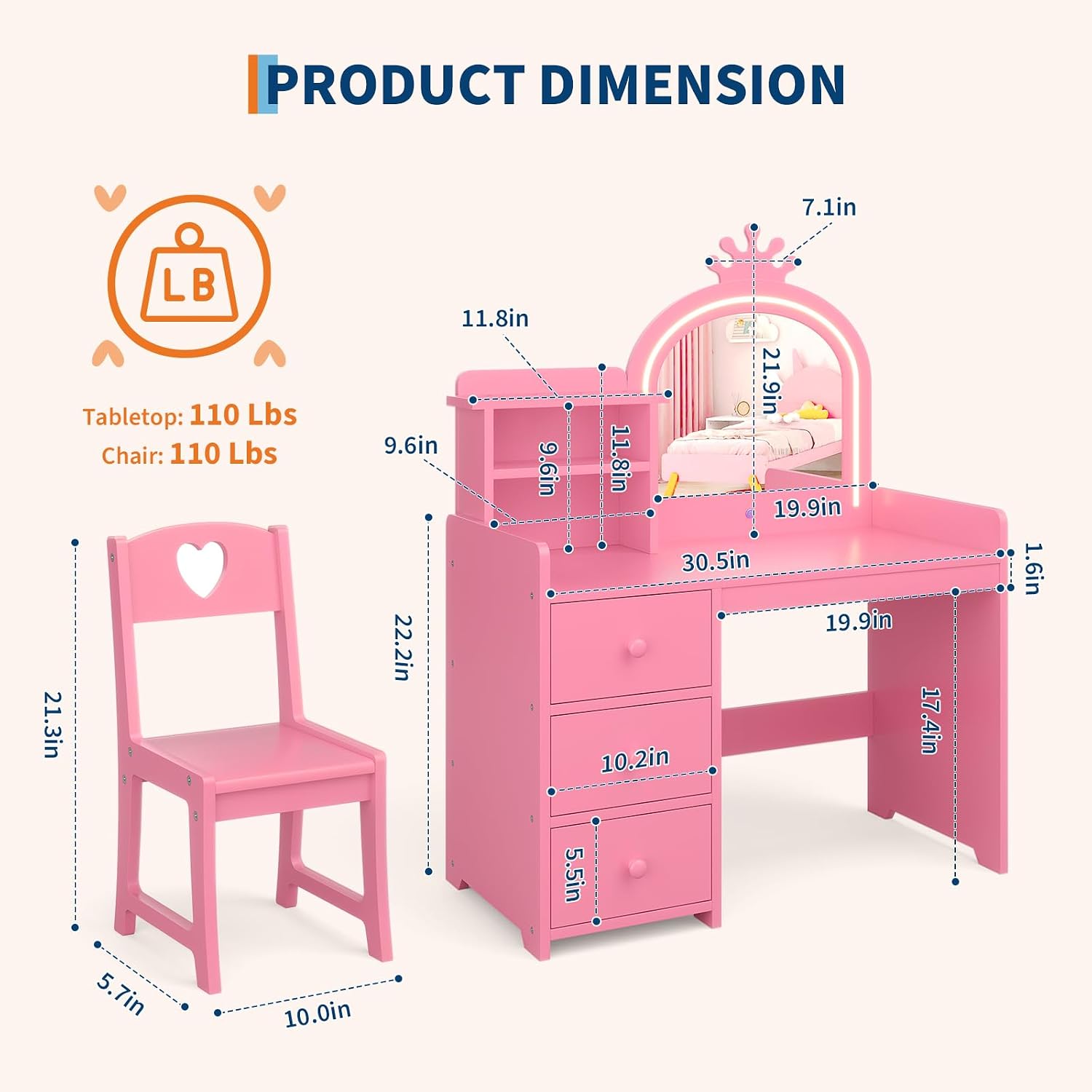 Kids Vanity Desk with Lighted  - Dressing Table Vanity With Lighted Mirror 评论和价格