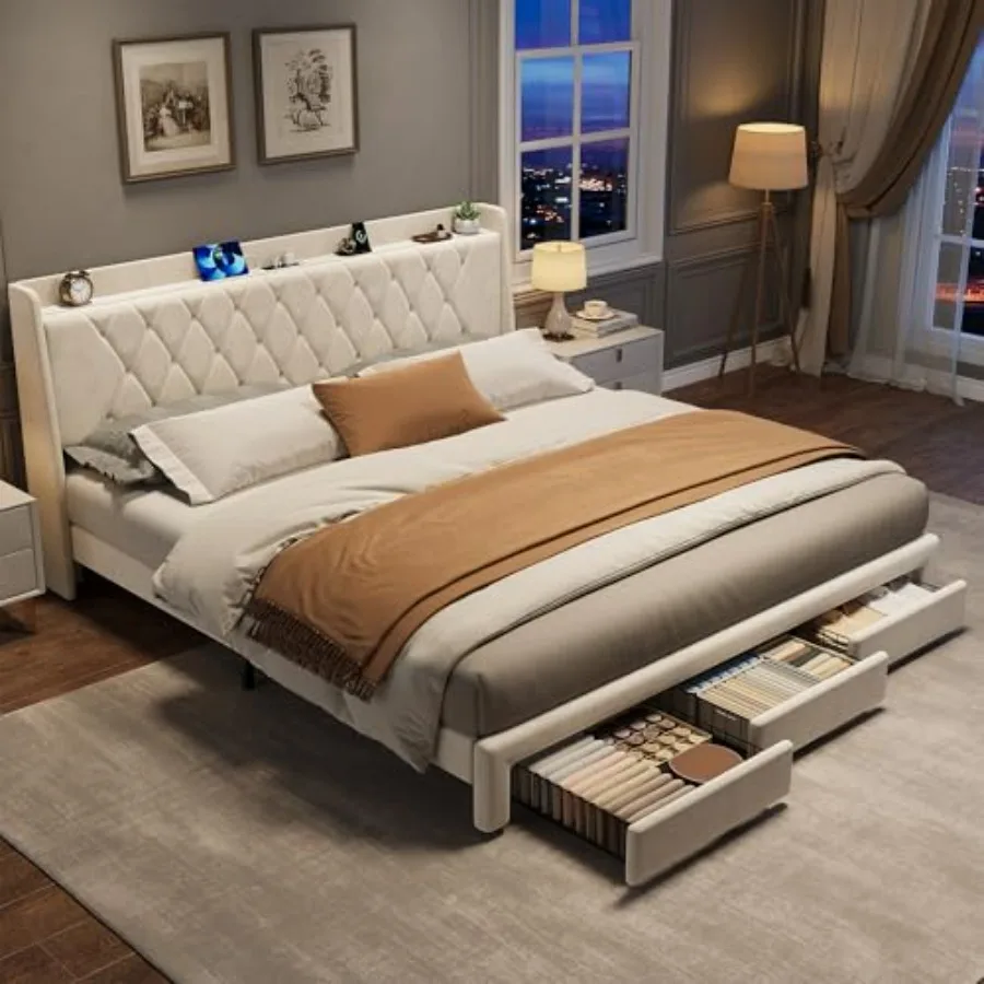 King Size Velvet Upholstered P - King Size Bed Frame With Storage Drawers 评论和价格