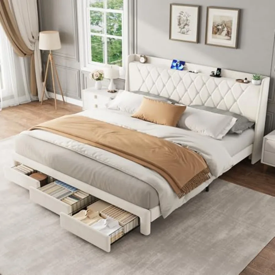King Size Velvet Upholstered P - King Size Bed Frame With Storage Drawers 评论和价格