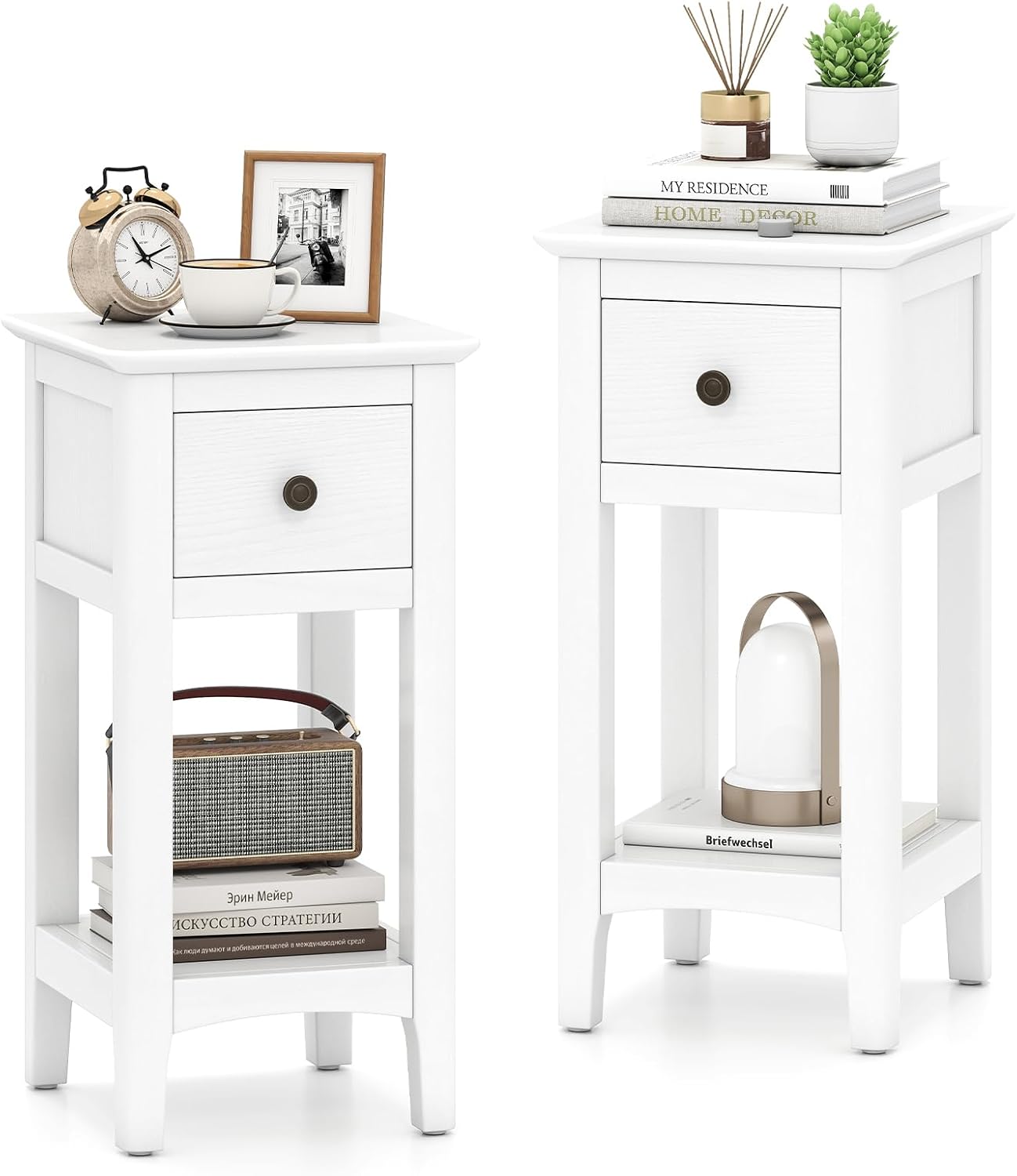 Narrow End Tables with Drawer  - Solid Wood Nightstand 2 Drawers 评论和价格