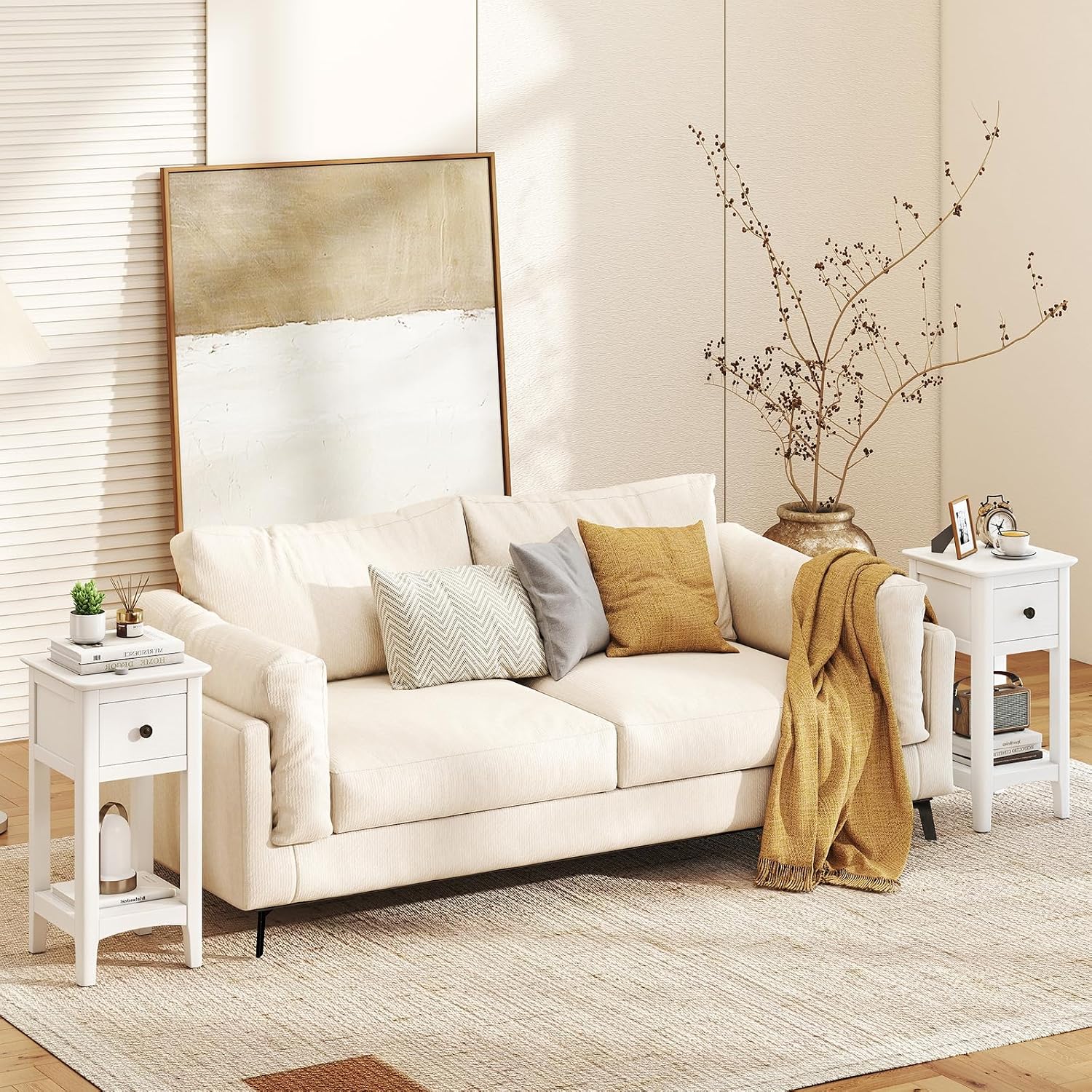 Narrow End Tables with Drawer  - Solid Wood Nightstand 2 Drawers 评论和价格