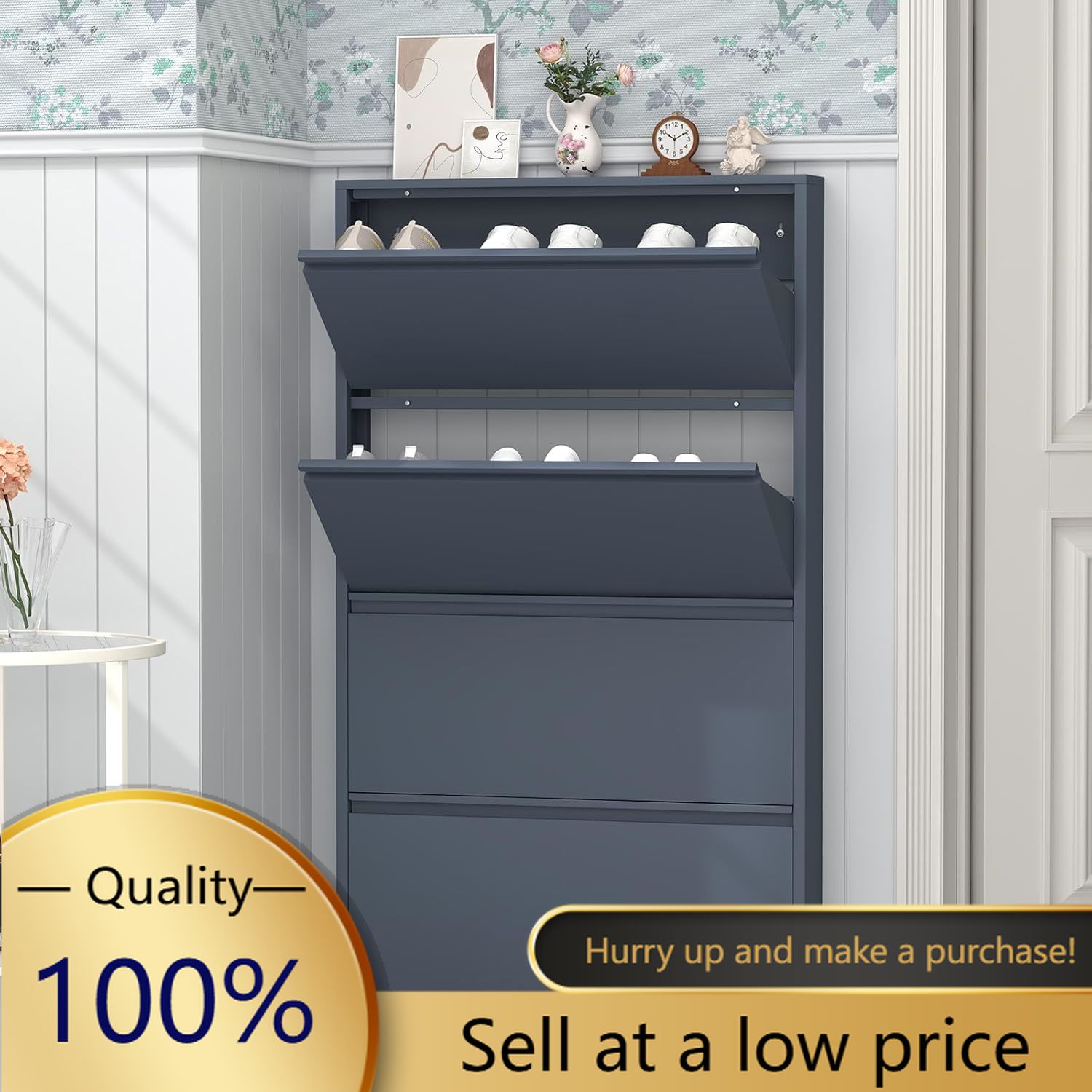 Shoe Cabinet with 4 Flip Drawe - Shoe Rack Cabinet Narrow Entryway 评论和价格