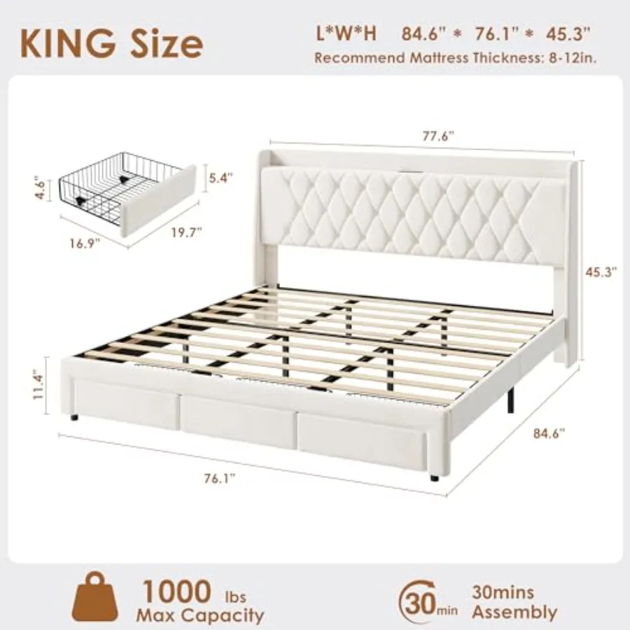 King Size Velvet Upholstered P - King Size Bed Frame With Storage Drawers 评论和价格