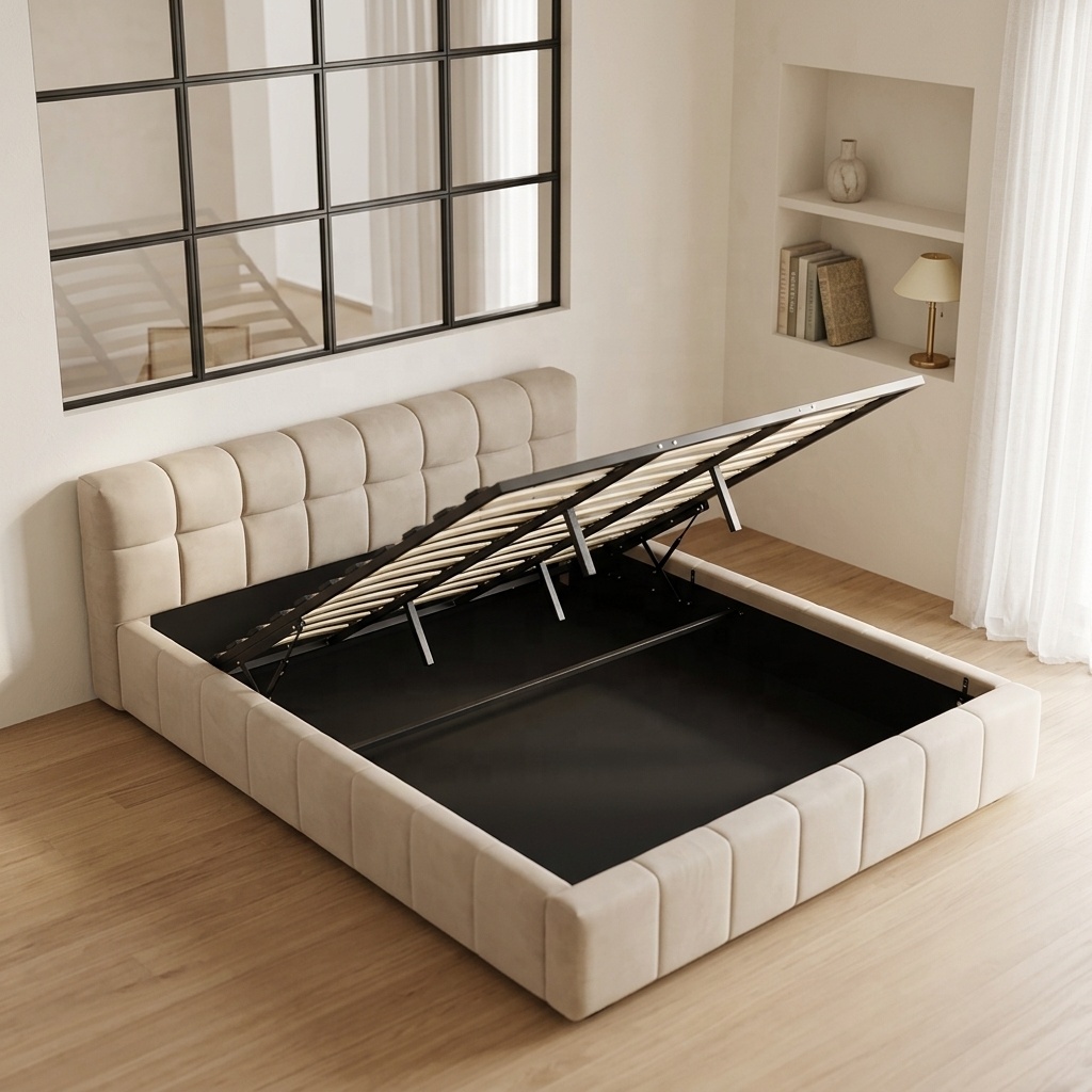^ Modern Tufted Soft Bed with  - Gas Lift Storage Bed Hydraulic 评论和价格
